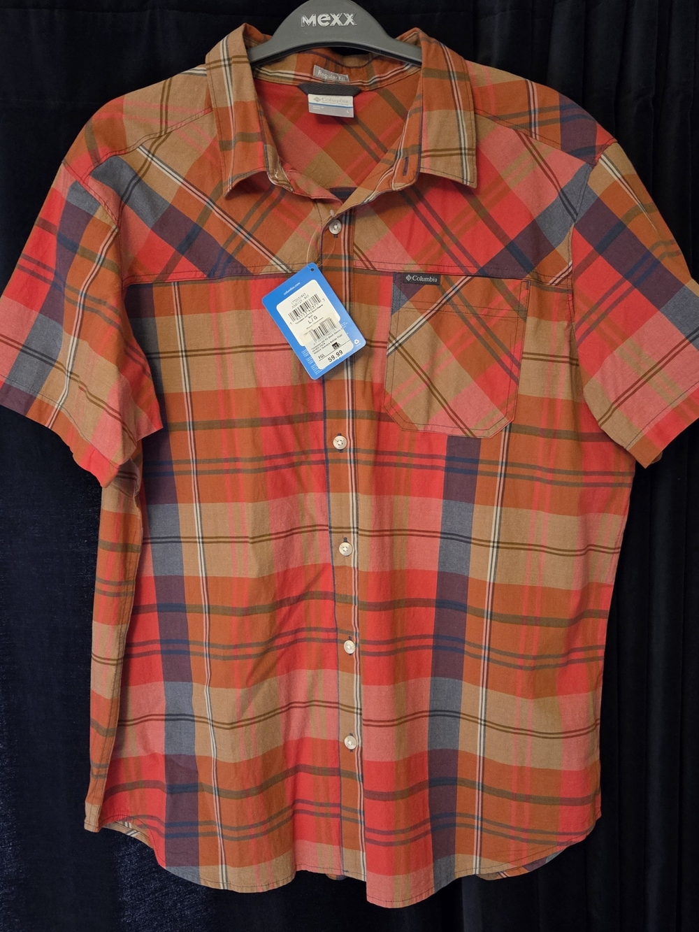 Columbia Men’s Orange/Red and Tan Plaid Short-Sleeve Button-Down Shirt